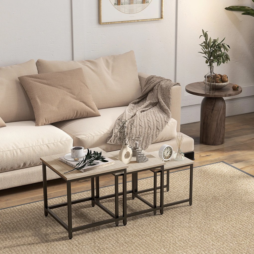 HOMCOM zestaw 3 stolików kawowych, stolik pomocniczy, stolik do sofy z wykończeniem imitującym drewno, stal