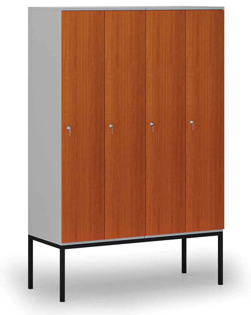 Drewniana szafa ubraniowa S4 z podstawą, 4-drzwiowa, 1871 x 1200 x 500 mm, demontaż, zamek cylindryczny, szary/czereśnia