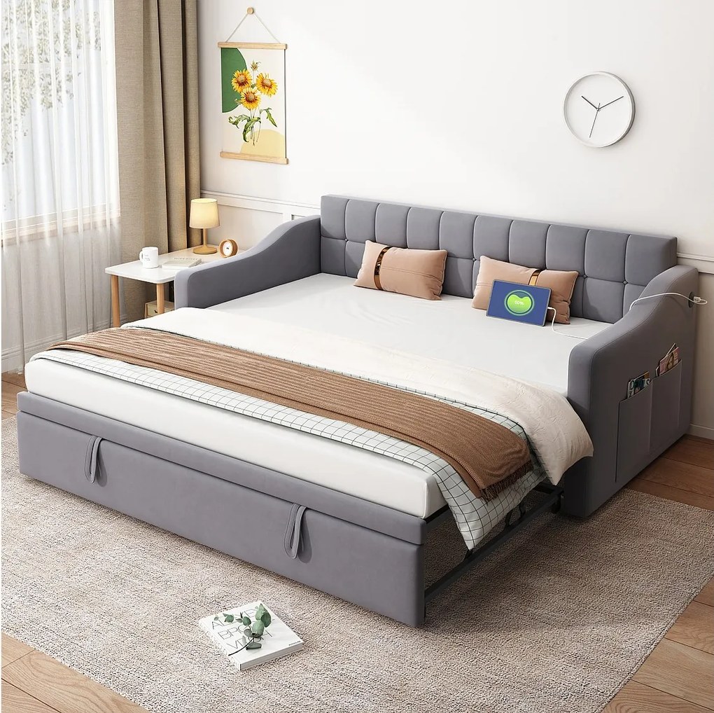 Łóżko tapicerowane 2w1 wysuwane - 90/180 x 190 cm - sofa rozkładana z gniazdkiem elektrycznym i miejscem do przechowywania - tkanina aksamitna - szary