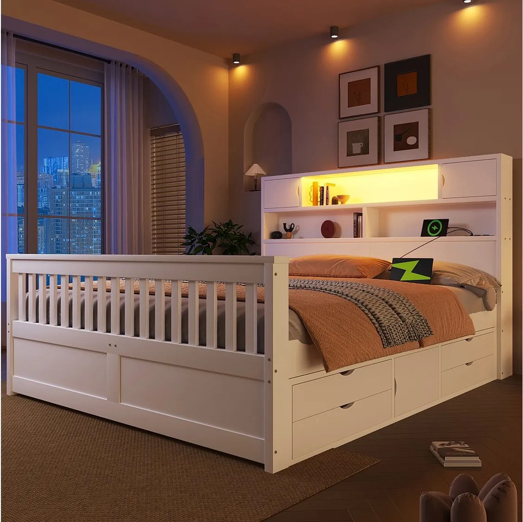 Rama łóżka platformowego - 160 x 200 cm - z półkami + zagłówek ze schowkiem + diody LED + USB + 4 szuflady - płyta MDF - biała