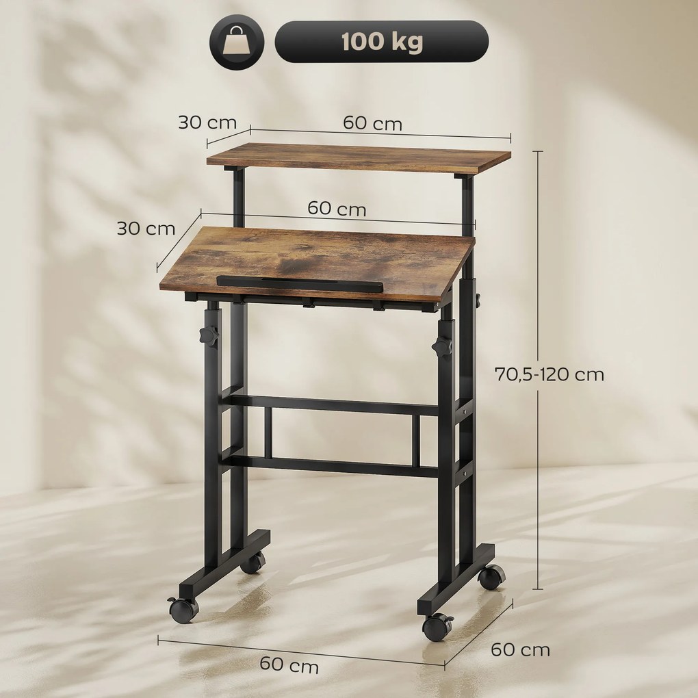 HOMCOM Biurko regulowane wysokości z półką, kółkami, biurko komputerowe Rustykalny-Brąz 60 x 60 x 70,5-120 cm
