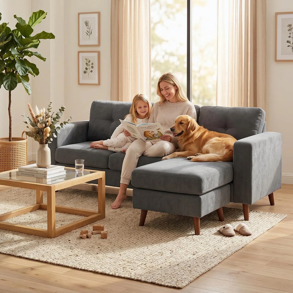 HOMCOM Sofa narożna 192 cm w kształcie L 3-osobowa z odwracalną szezlongą, wygląd sztruksu, do małego pomieszczenia, Ciemnoszary | Aosom PL