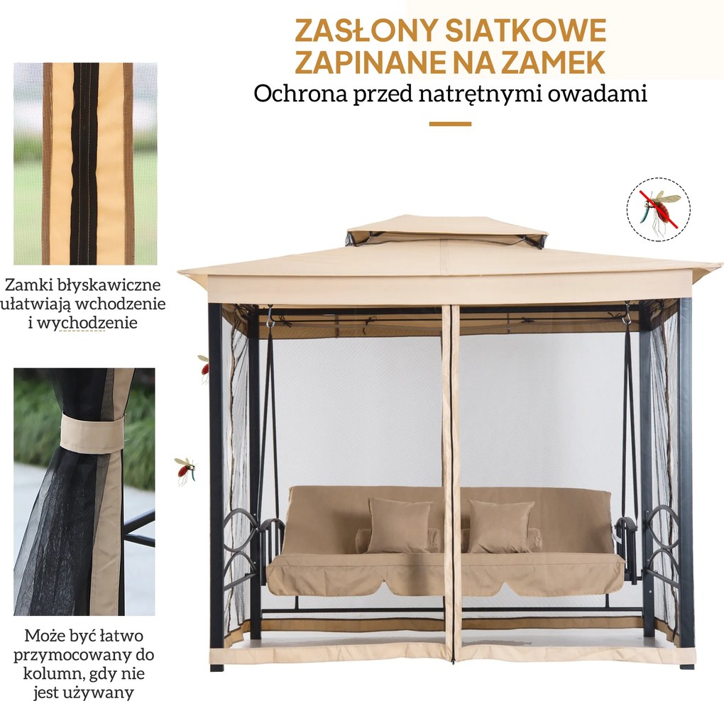 Outsunny Huśtawka ogrodowa 3-osobowa z moskitierą i daszkiem przeciwsłonecznym beżowa | Aosom PL