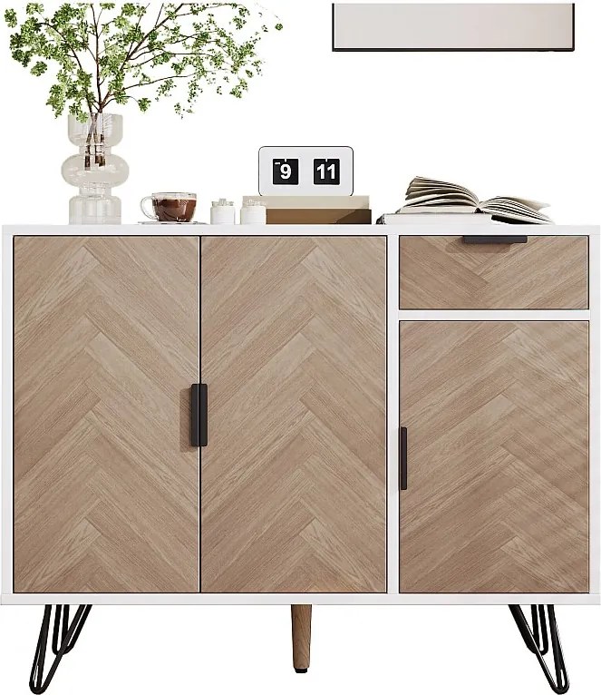 Komoda z 3 drzwiami i 1 szufladą - 90 x 30 x 71,5 cm - regulowane półki - MDF i płyta wiórowa - biały i drewno