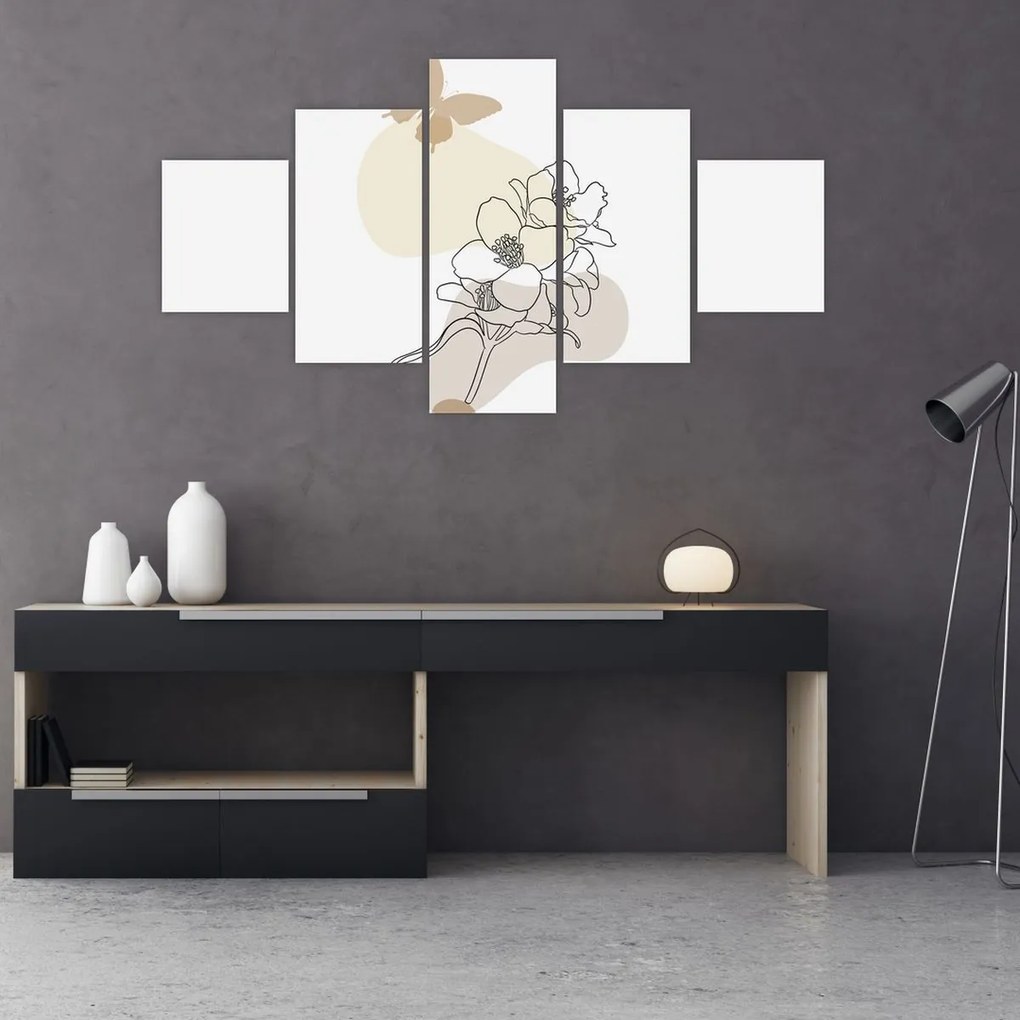 Obraz - Beżowe kwiaty z motylem N⁰3 (125x70 cm)