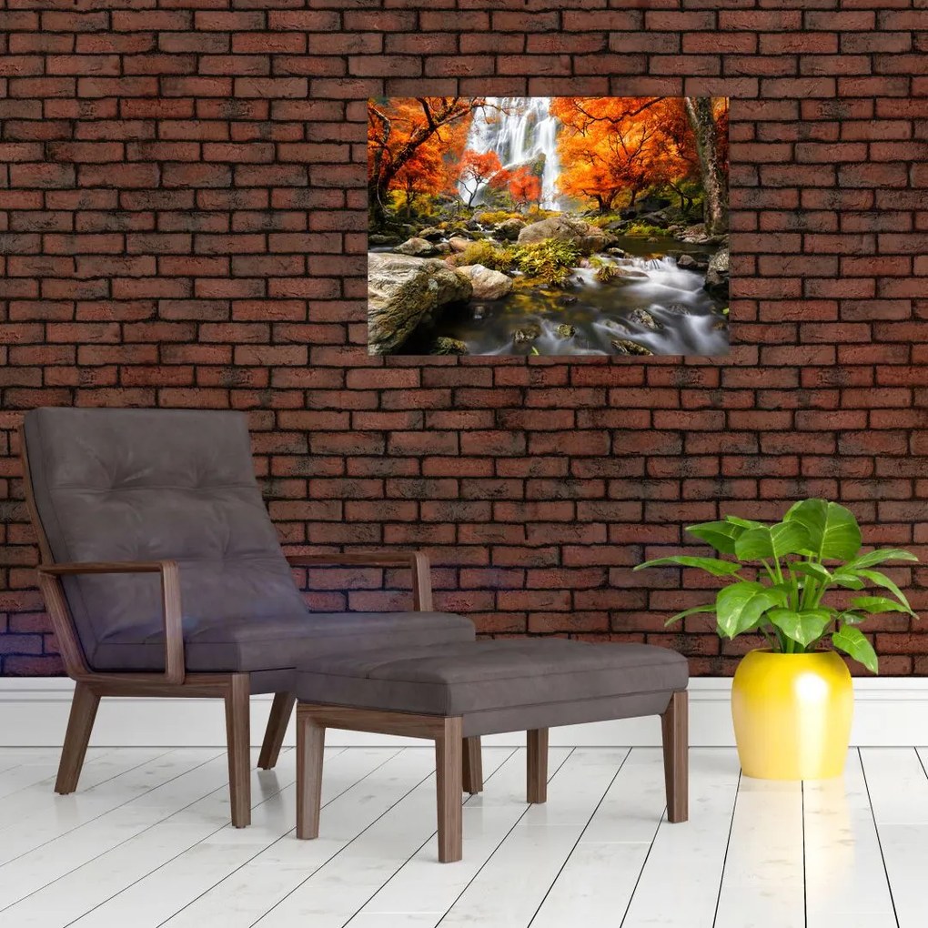 Obraz - Wodospady w pomarańczowym lesie (70x50 cm)