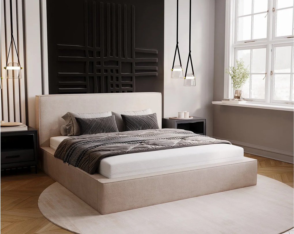 Emporius Amare łóżko dwuosobowe z pojemnikiem - łózko tapicerowane 200x200 w nowoczesnym stylu - tkanina velvet, beżowy (Komodo 11)