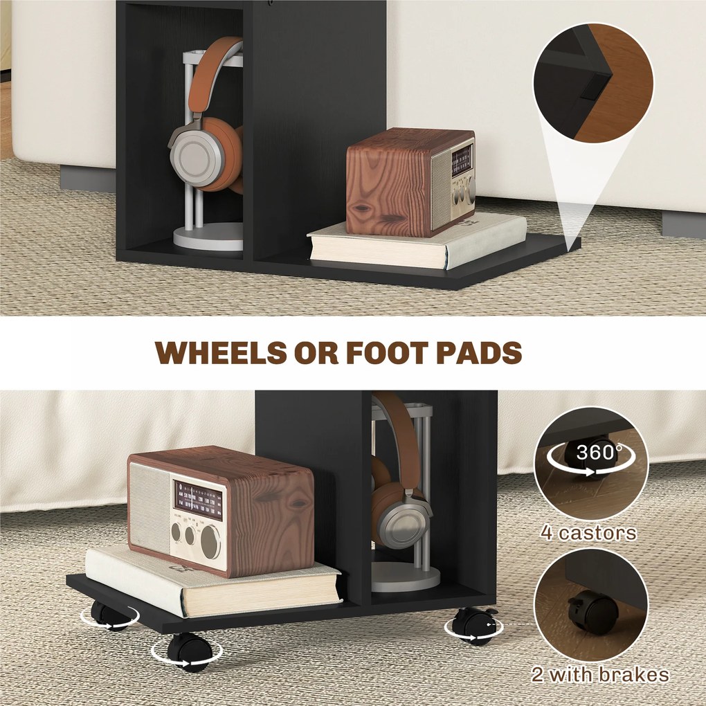 HOMCOM Stolik boczny, wózek serwisowy w kształcie C, 4 kółka, 3 przegródki, 40 x 30 x 69 cm, czarny