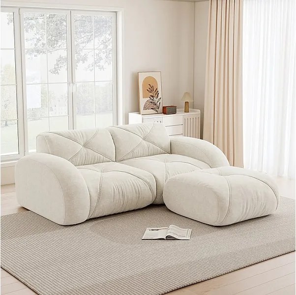 Canapé 2 places d'angle modulable en tissu chenille, avec pouf, 204x171x76cm, Blanc