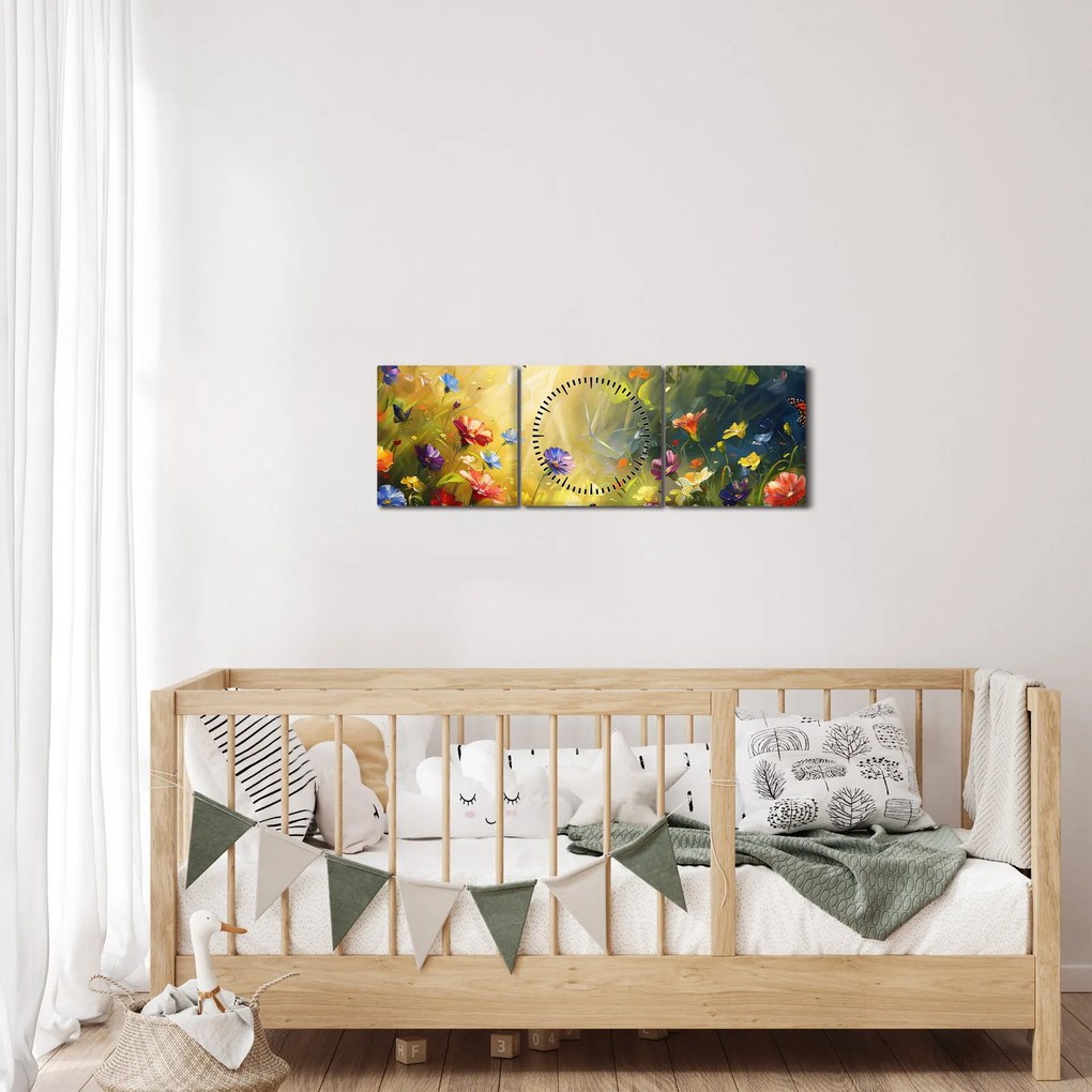 Obraz - Wiosenna łąka kwiatowa, malarstwo (z zegarem) (90x30 cm)