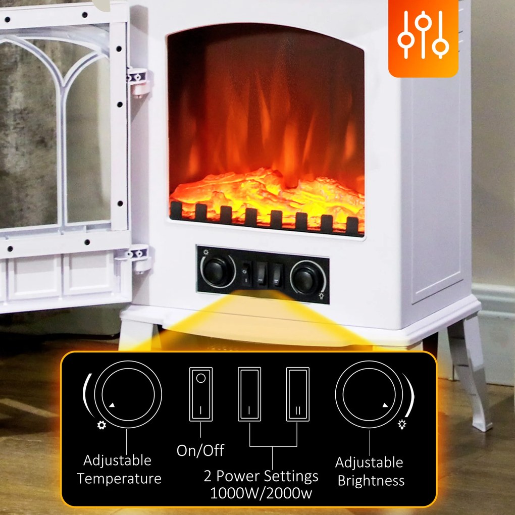 HOMCOM Elektryczny kominek wolnostojący 1000/2000 W, dekoracyjny kominek z efektem płomienia LED, biały | Aosom PL
