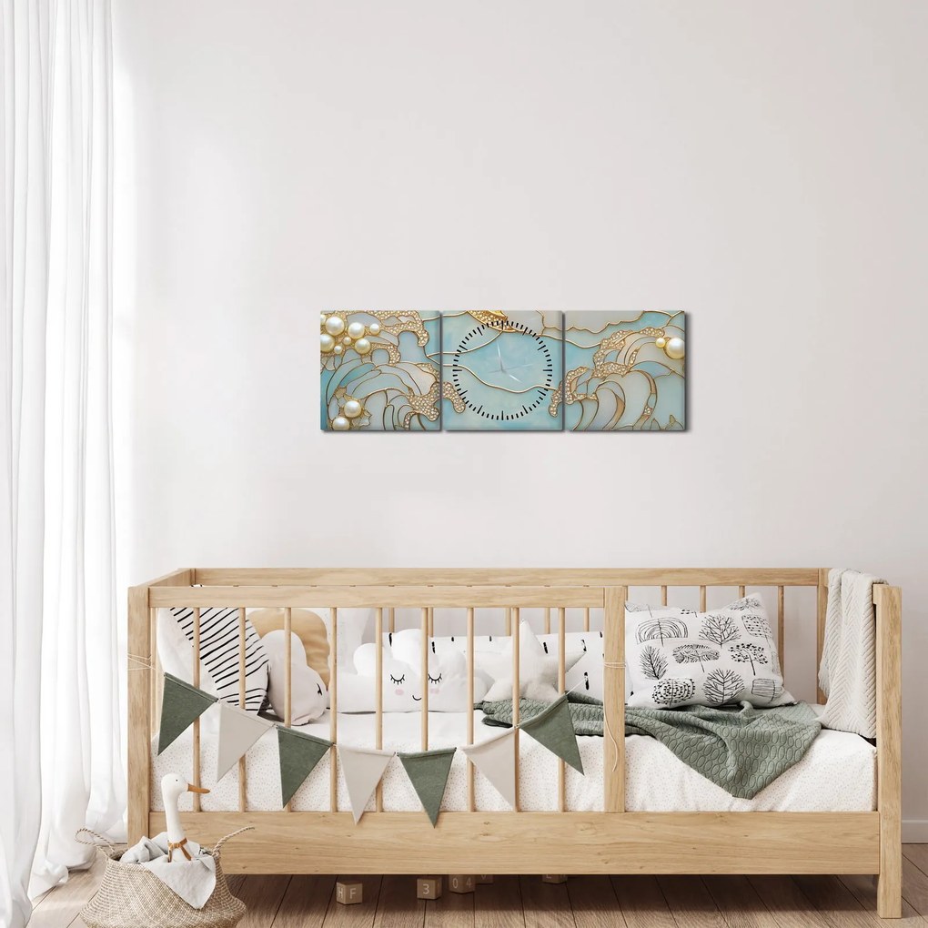 Obraz - 3D perły w oceanie (z zegarem) (90x30 cm)
