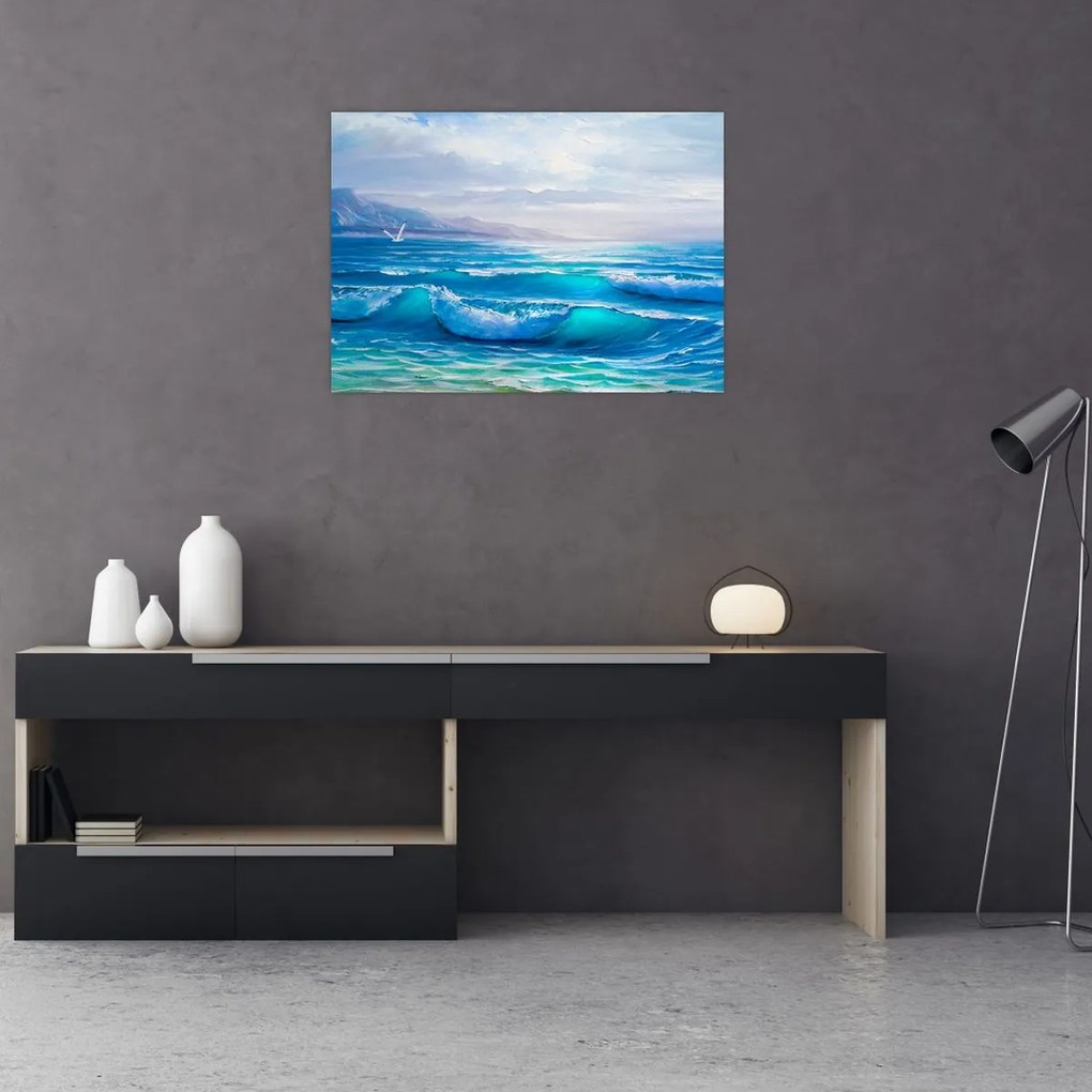 Obraz na szkle - Obraz olejny przedstawiający morze z mewami (70x50 cm)