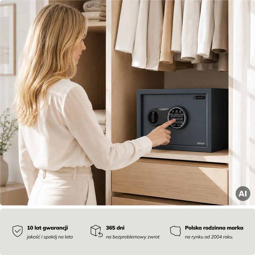 Mały sejf domowy, elektroniczny zamek na kod, na pieniądze i dokumenty, 350x250x250 mm: DORIAN