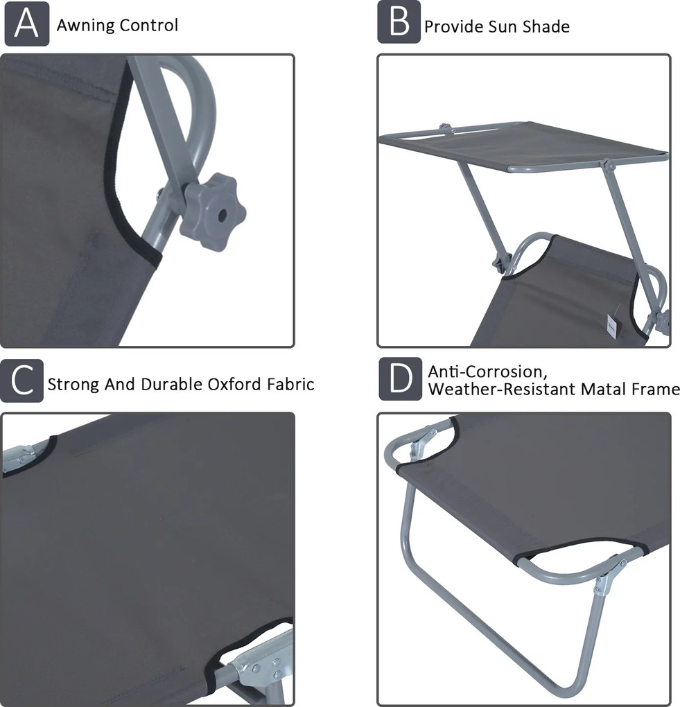 Outsunny leżak ogrodowy składany z daszkiem przeciwsłonecznym leżak plażowy szary 187x58x36 cm | Aosom PL