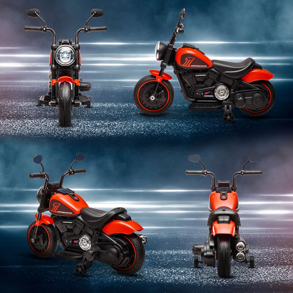 HOMCOM Elektryczny motocykl dla dzieci z reflektorem, demontowalne koła boczne, 76x42x57 cm, Czerwony/Czarny