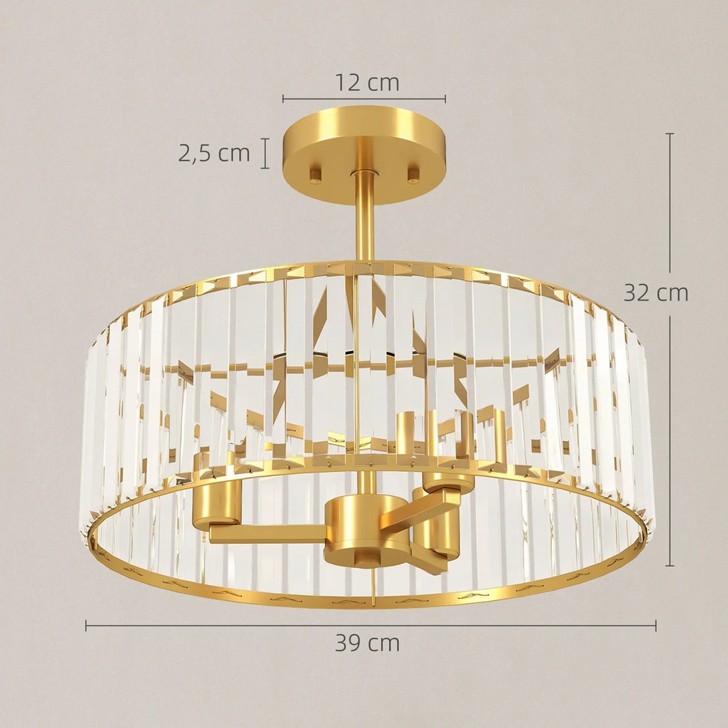 HOMCOM Lampa Sufitowa, Design Kryształowy, 3 Żarówki, Metal, Złota