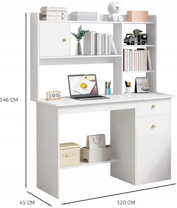 Biurko białe loft pod laptop/komputer skandynawski z 7 półkami