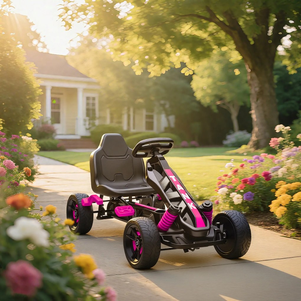 AIYAPLAY Gokart na pedały, pojazd na pedały dla dzieci z hamulcem, antypoślizgowe koła, metalowa rama, 3-6 lat, Różowy | Aosom PL