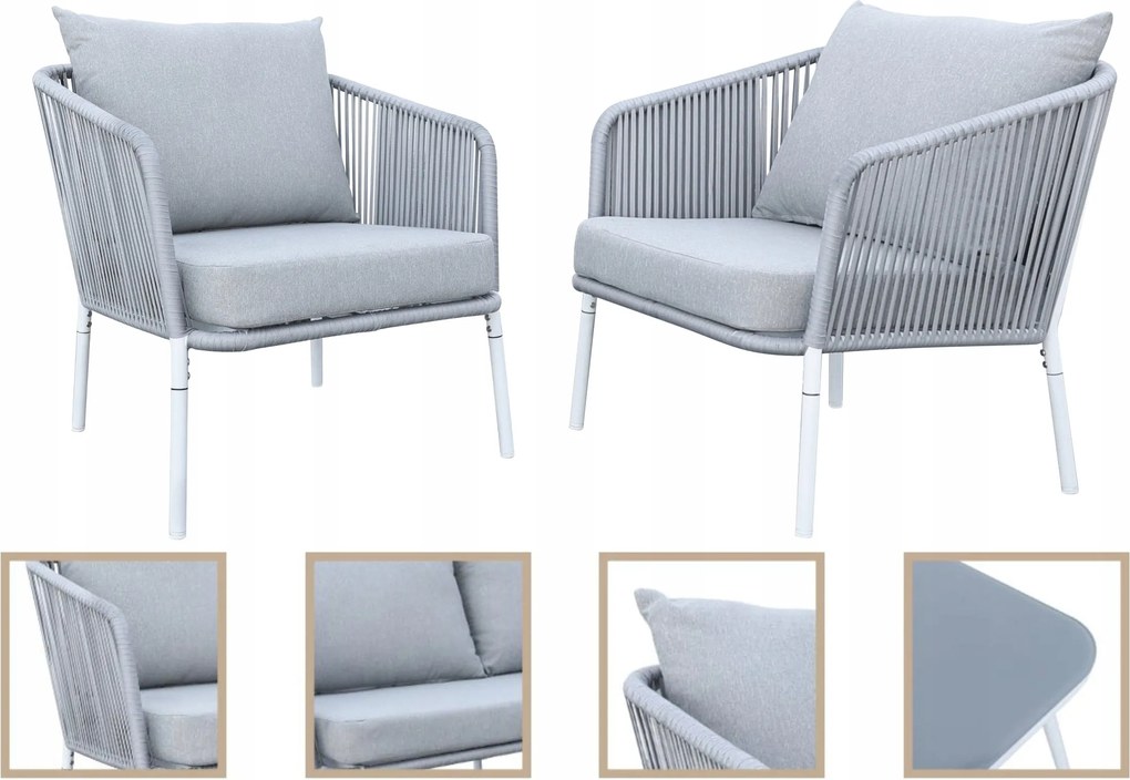 Zestaw mebli ogrodowych szary aluminium sofa fotele stolik sznurowanie