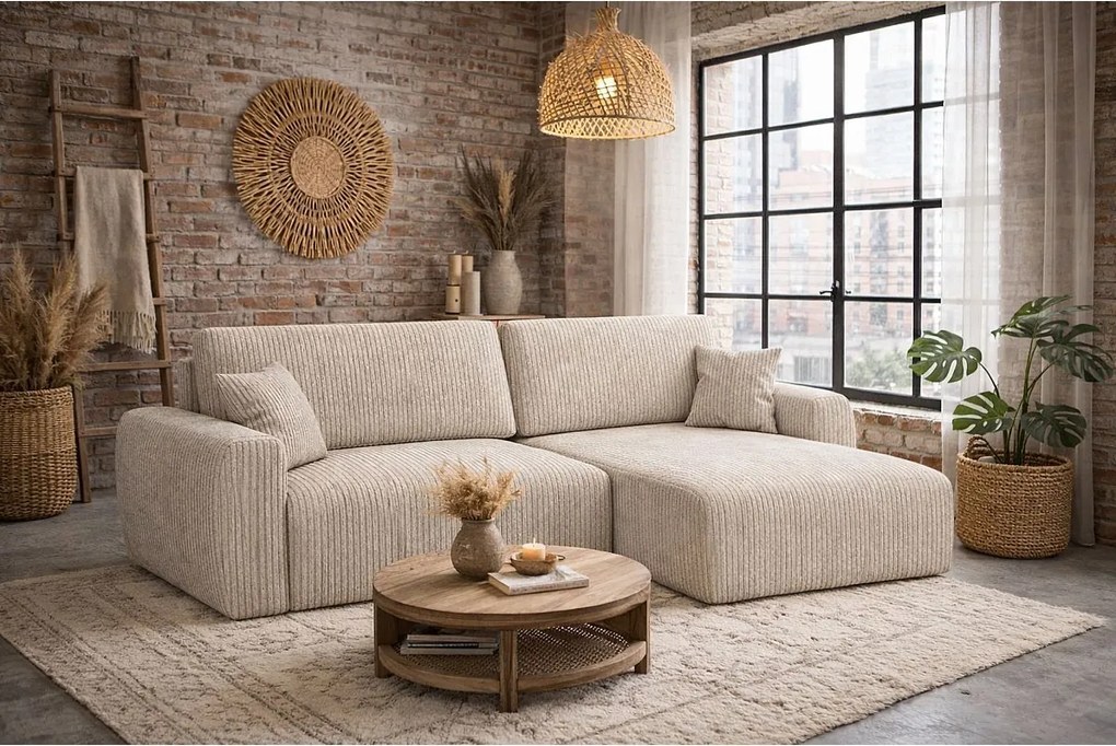 Narożnik z funkcją spania i pojemnikiem Ariel XL, tkanina sztruksowa Poso, Ciemnobeżowy, Prawy