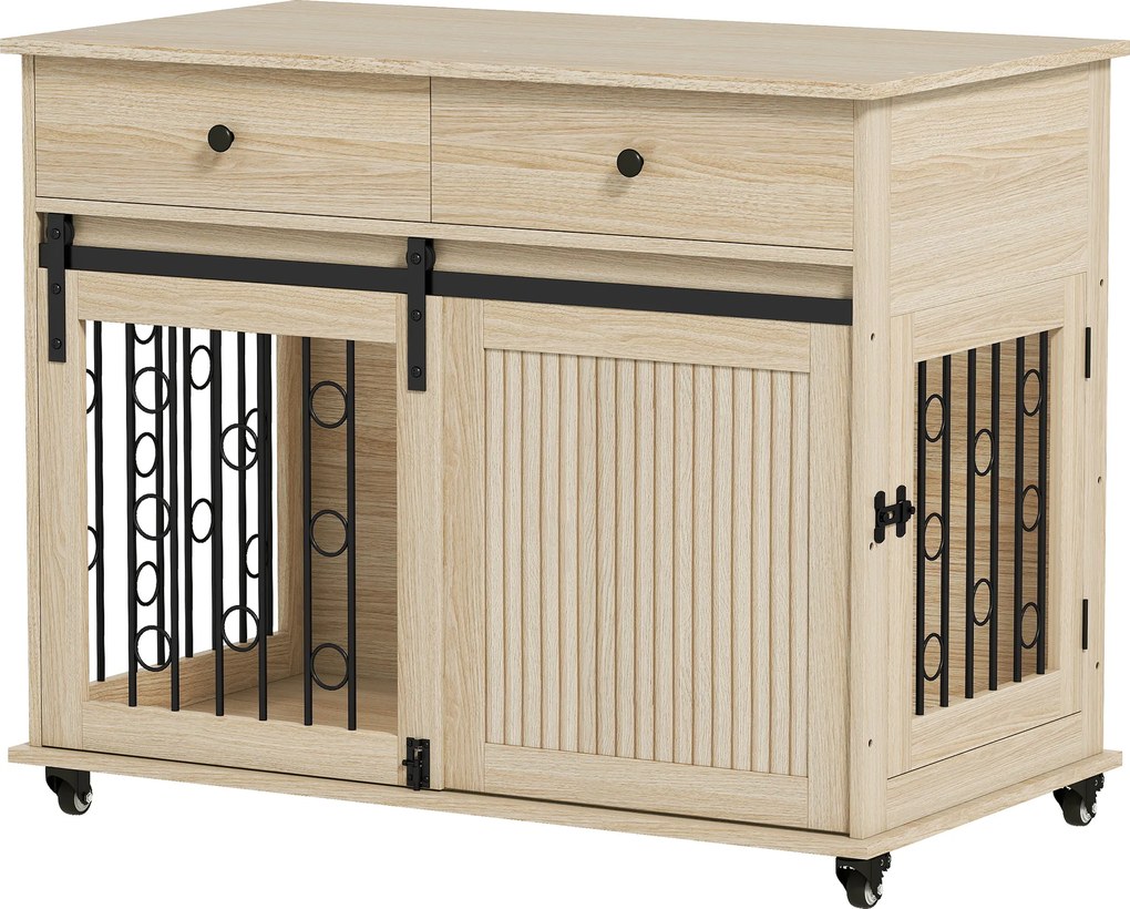 PawHut Skrzynia dla psa na kółkach, 2 drzwi, 2 szuflady, dla psów średnich i dużych, drewno, stal | Aosom PL
