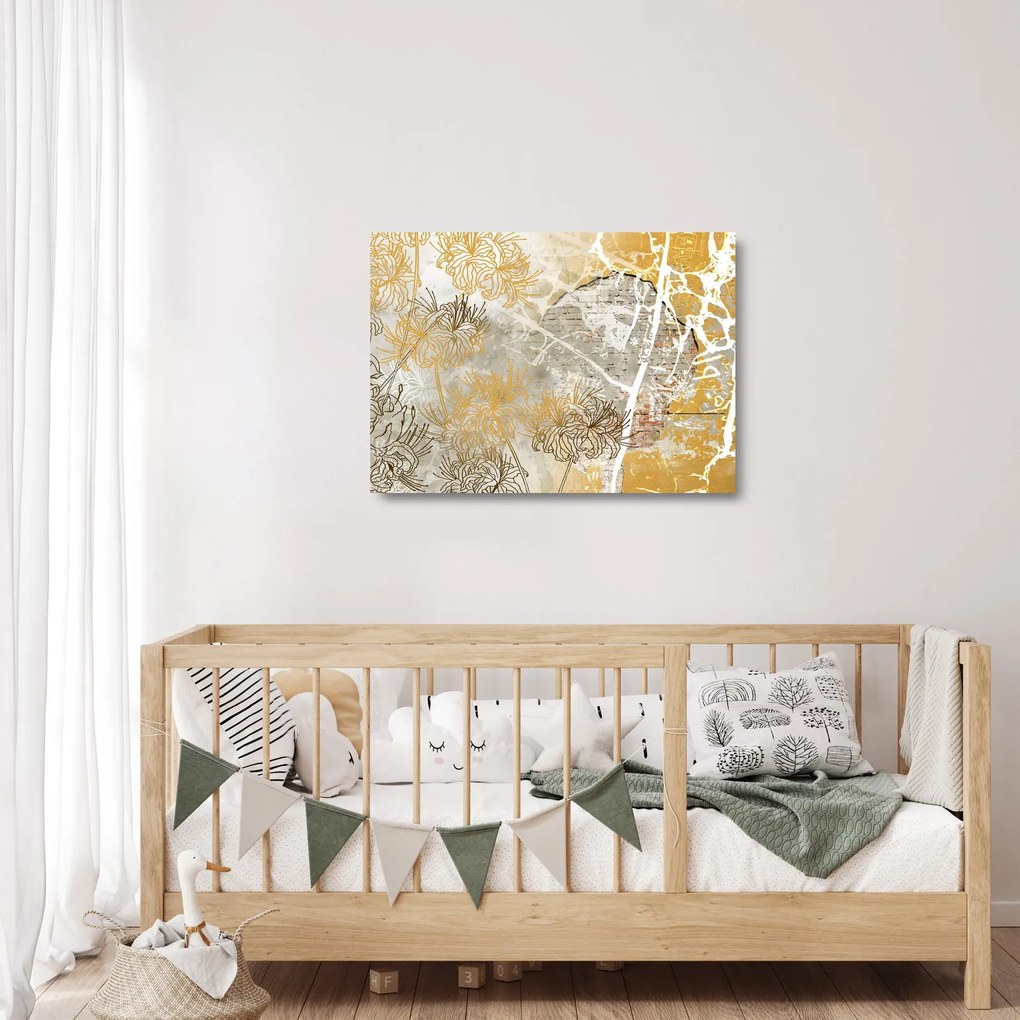 Obraz na szkle - Ściana w stylu vintage z kwiatami (70x50 cm)
