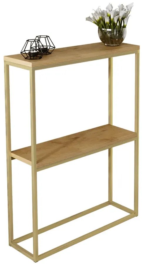 Wąska konsola z metalowym stelażem złoty + dąb lancelot S6-G87