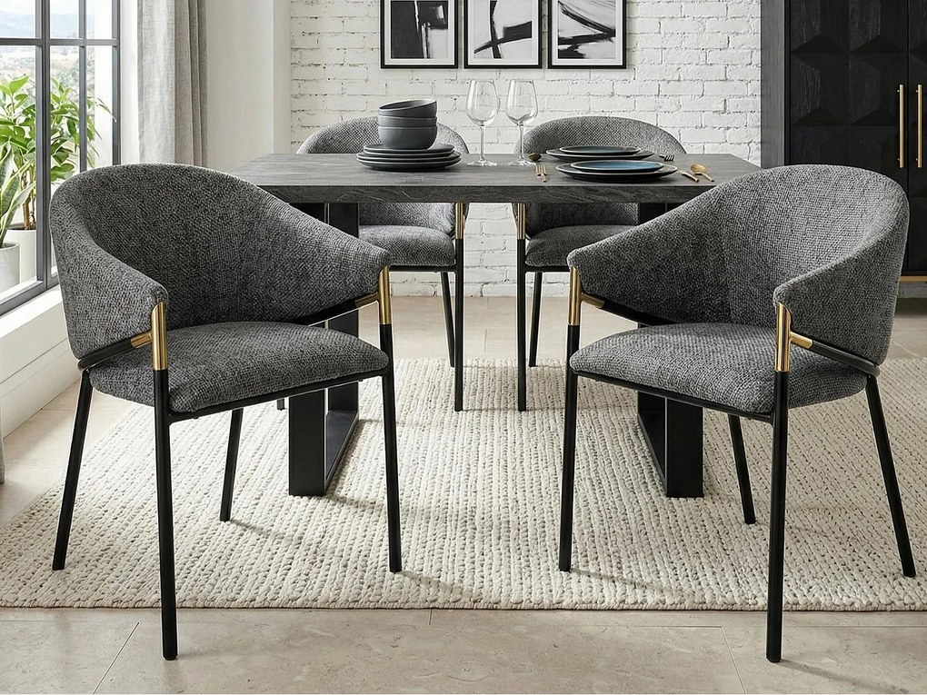 Zestaw 4 krzeseł - Styl nowoczesny - Tkanina welurowa - Podłokietniki ze złoconej stali nierdzewnej - Grube oparcie - Szary