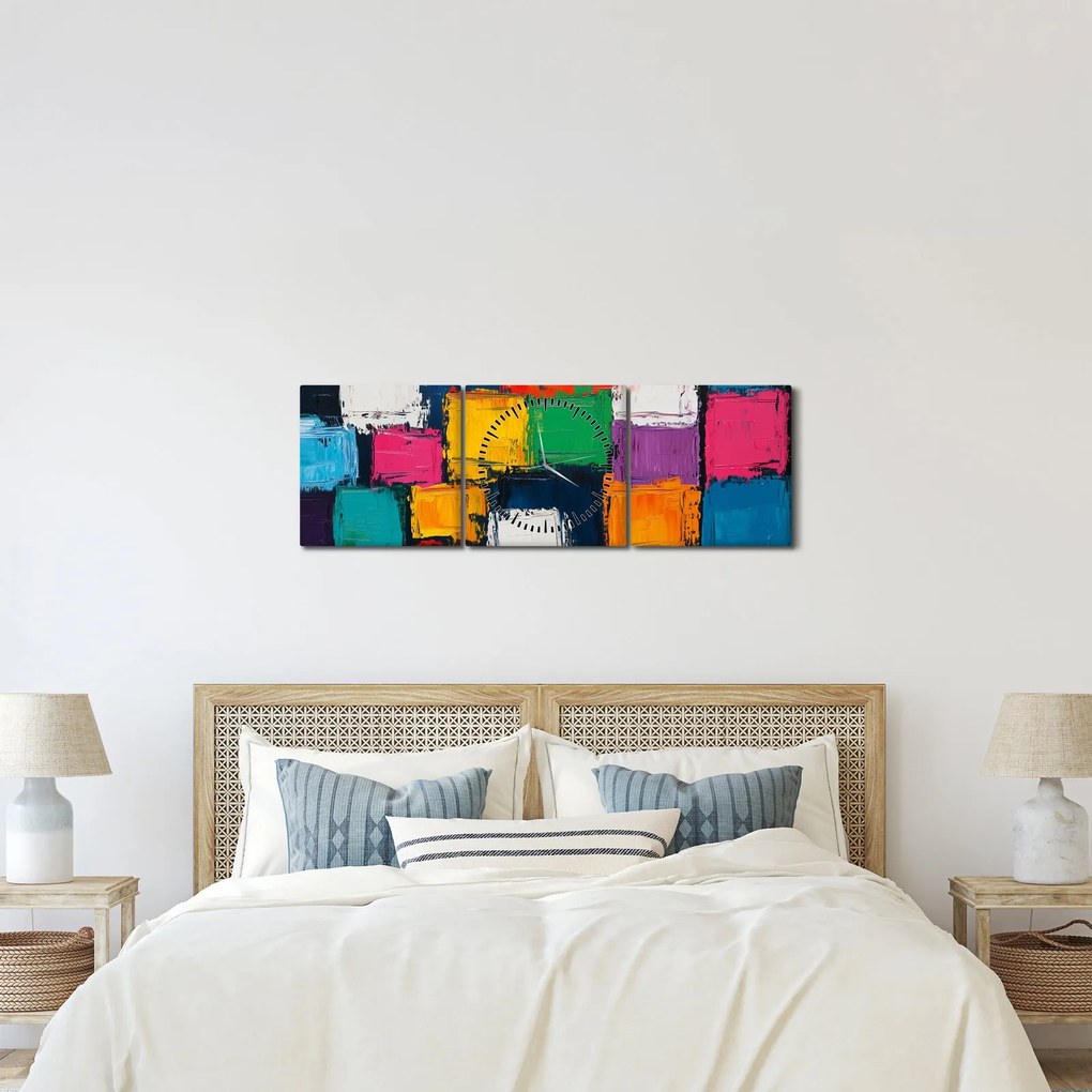 Obraz - Obraz z kolorowymi kwadratami (z zegarem) (90x30 cm)