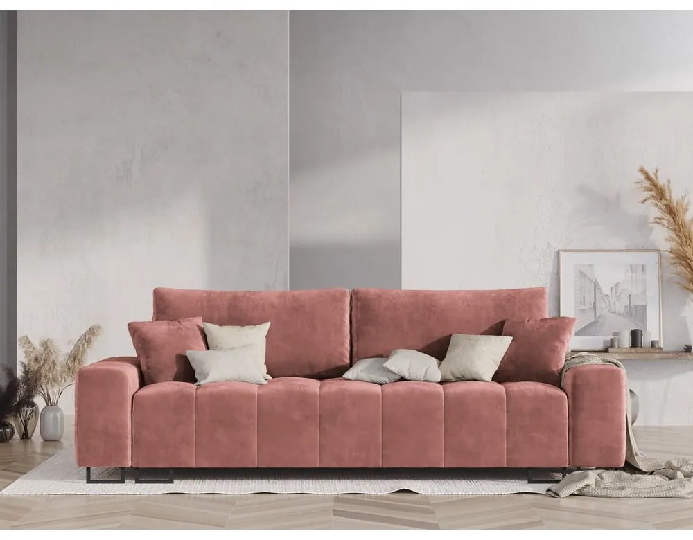 Różowa aksamitna rozkładana sofa ze schowkiem 250 cm Wicklow – Cosmopolitan Design