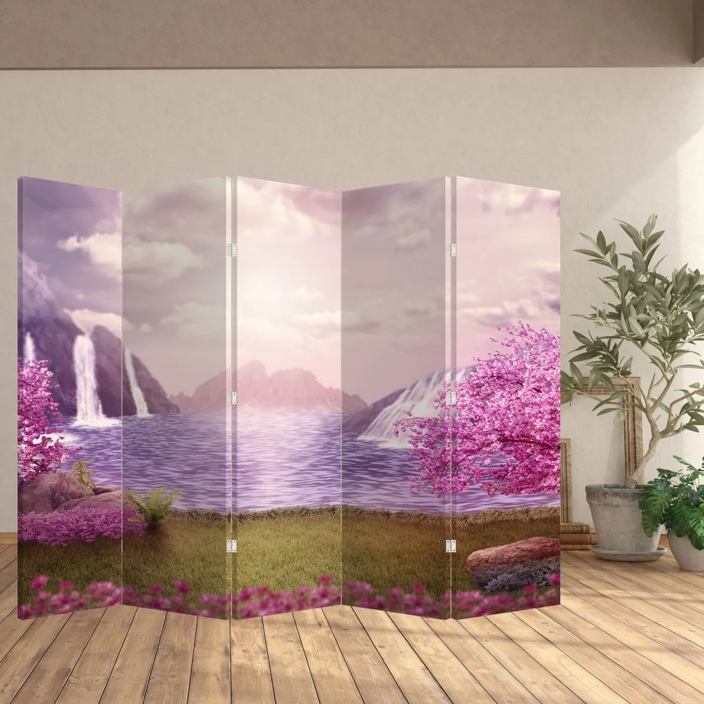 Parawan - Różowe drzewa z jeziorem (210x170 cm)