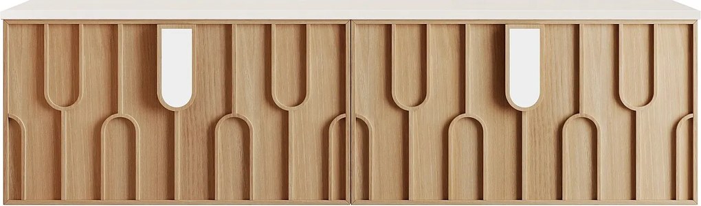 Wiszaca teksturowana szafka podumywalkowa z blatem z matowego spiekanego kamienia - Jasny naturalny - szer. 180 cm - MERKAN