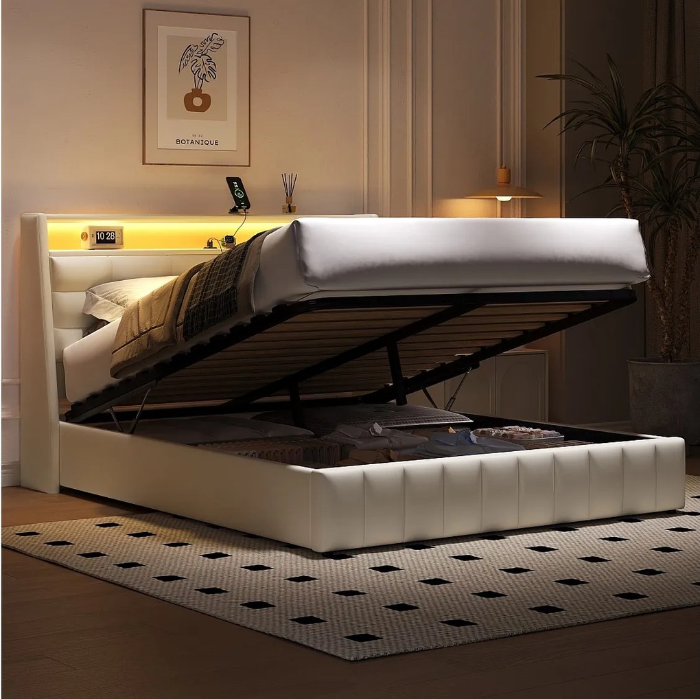 Łóżko dla dorosłych 160 x 200 cm - z Zagłówek z diodami LED i USB – Biały PU – Materac nie jest wliczony w cenę