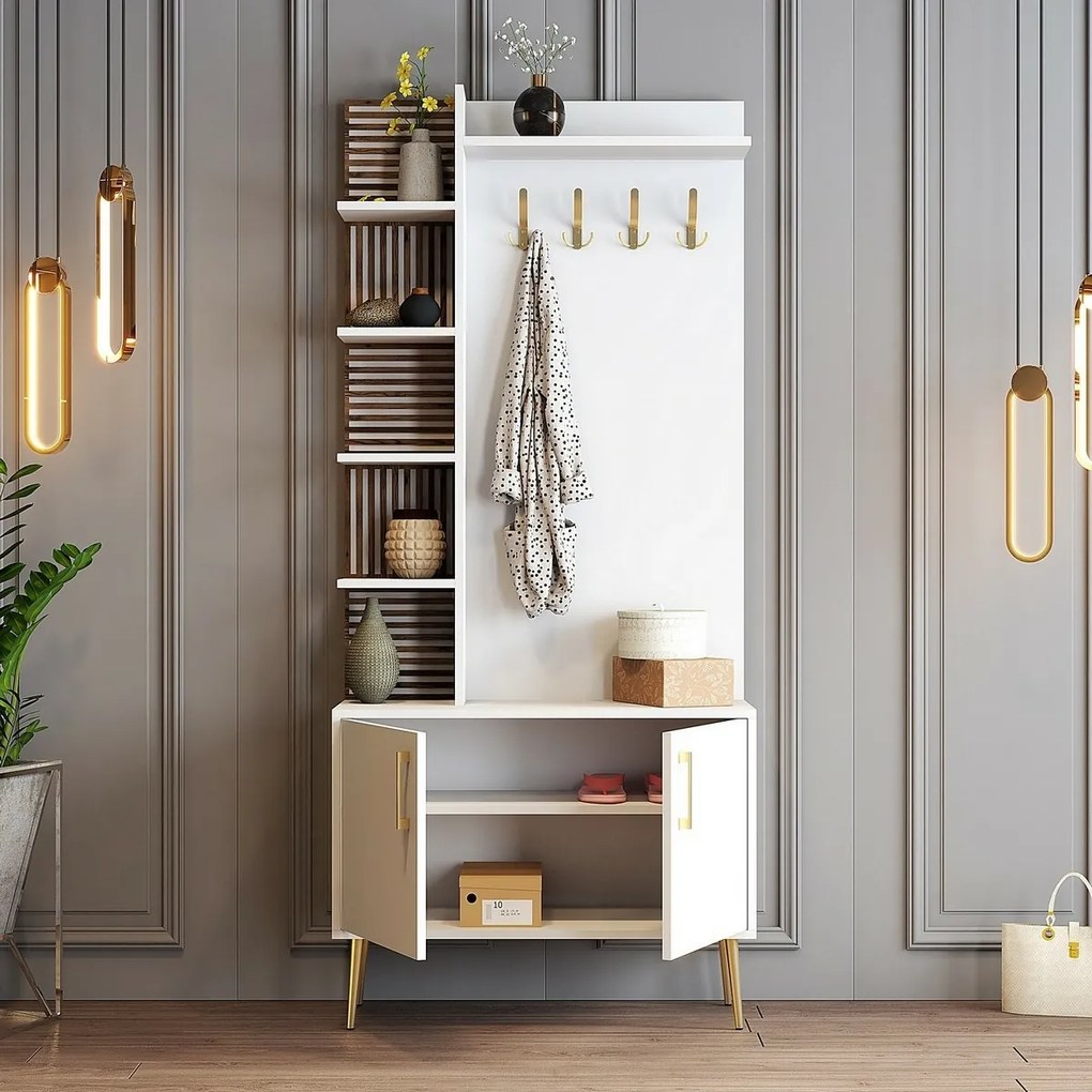 Wieszak z szafką na buty i półkami Viyana White and Gold