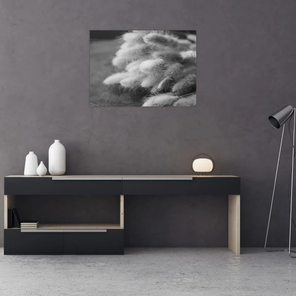 Obraz na szkle - trawa z króliczym ogonkiem na stole (70x50 cm)