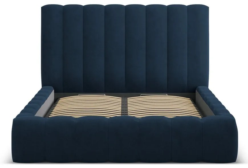 Ciemnoniebieskie tapicerowane łóżko dwuosobowe ze schowkiem i stelażem 160x200 cm Kelp – Micadoni Home