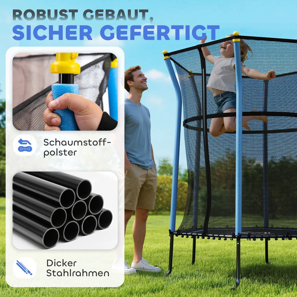 HOMCOM Trampolina dla dzieci, Ø163,5 cm, z siatką bezpieczeństwa, obicie, stal, do 50 kg, Czarny &amp; Niebieski