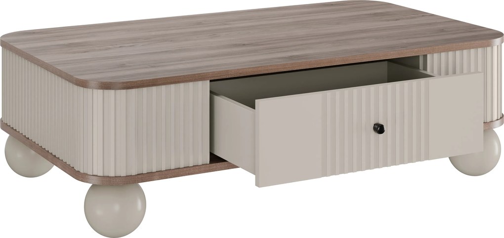Stolik kawowy Vesper 103x60 cm z szufladą - kaszmir / orzech / czarne uchwyty / nogi kule