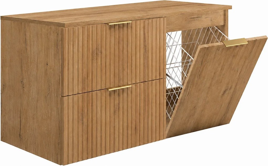 Zestaw mebli łazienkowych z koszem i blatem, złote uchwyty, dąb craft, 100 x 46 x 58,6 cm