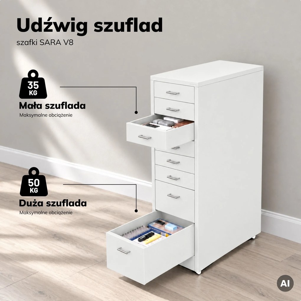 Szafka kartotekowa na kółkach, metalowa, 8 szuflad, na dokumenty, biała, 300x1100x600 mm: SARA V8