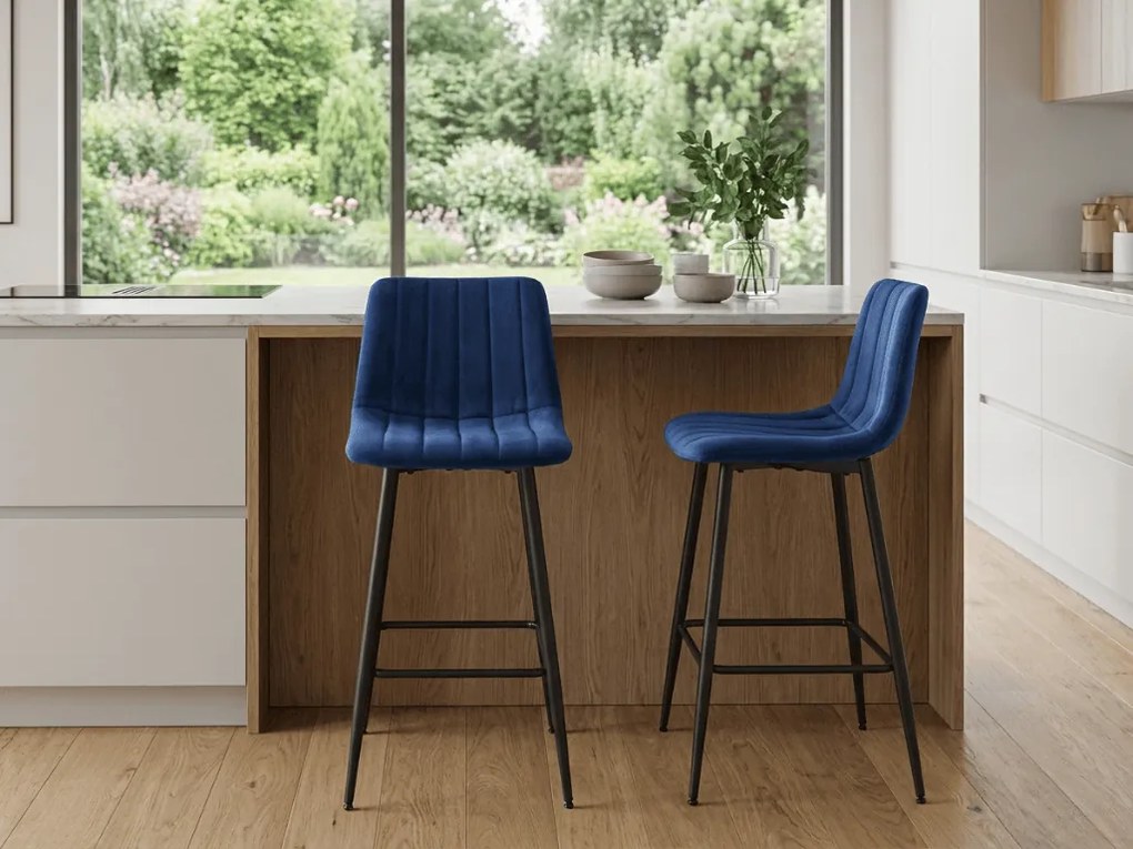 Niebieskie krzesło barowe POZZA VELVET z czarnymi nogami