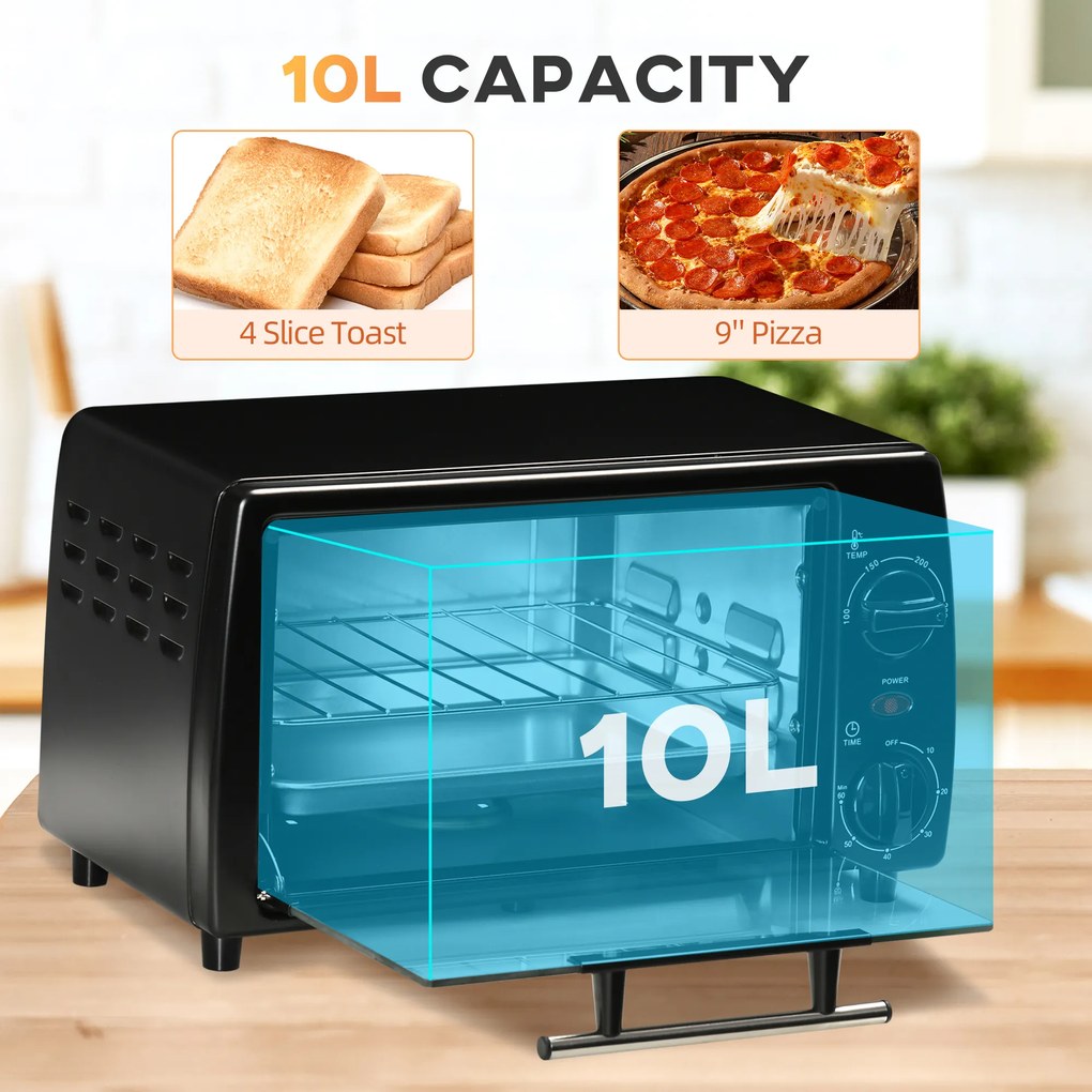 HOMCOM Mini Piekarnik Toster z Blachą i Rusztem Grillowym Czarny 365x26x22 cm z Funkcją Timera | Aosom PL
