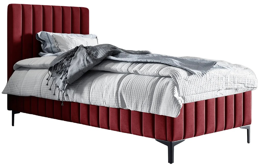 Czerwone welurowe jednoosobowe łóżko pikowane E4-N63