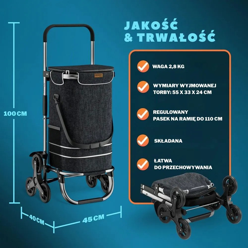 Torba na zakupy na kółkach do schodów COMFORT, 50l, czarna Jurhan