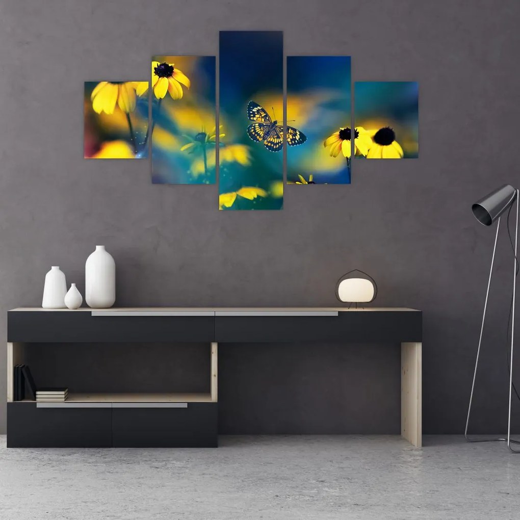 Obraz - Żółty motyl z kwiatami (125x70 cm)
