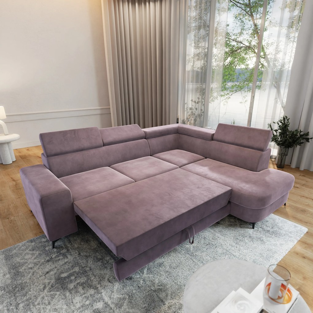 Masseno Narożnik ALVORO z funkcją spania i pojemnikiem na pościel Narozniki L, Rozkładana sofa - Wrzosowy, MONOLITH 62
