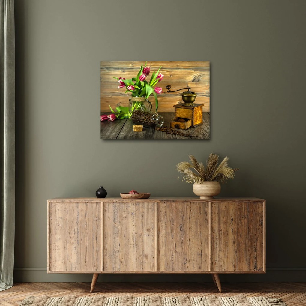 Obraz - tulipany, młynek i kawa (70x50 cm)