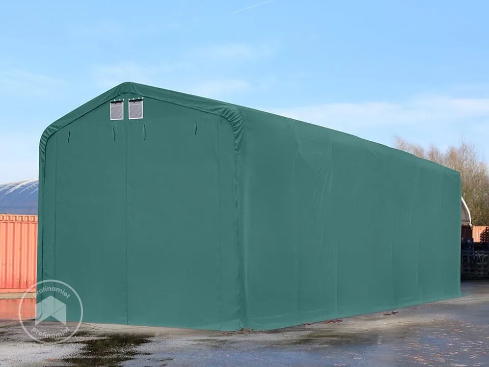 TOOLPORT 4x16m Hala namiotowa - 3,35 m wysokość ścian bocznych z 3,5x3,5m brama, PRIMEtex 2300, ciemnozielony, ze statyką (podłoże gruntowe) - (49394)