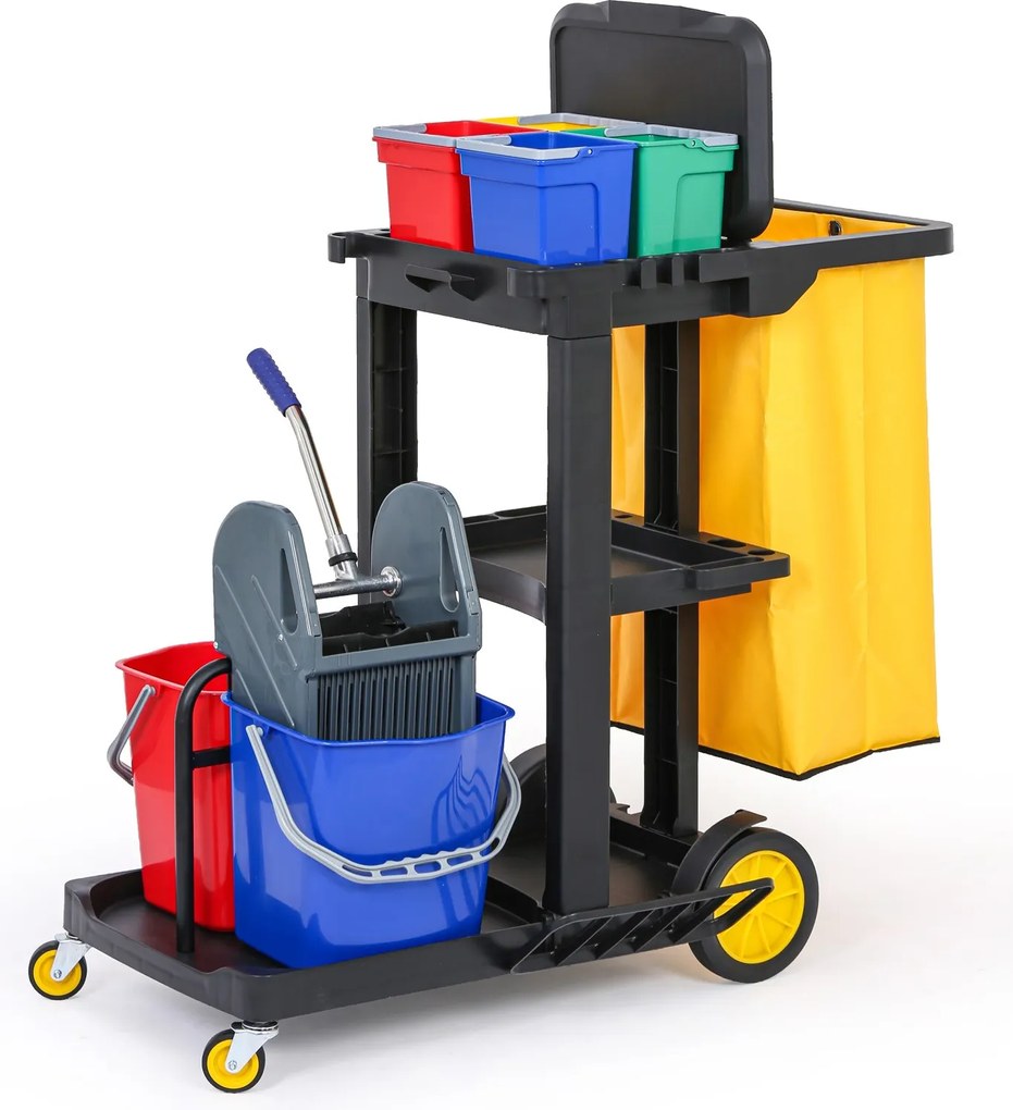 Profesjonalny wózek sprzątający z 6 wiadrami i workiem z pokrywą, 1120 × 710 × 1100 mm